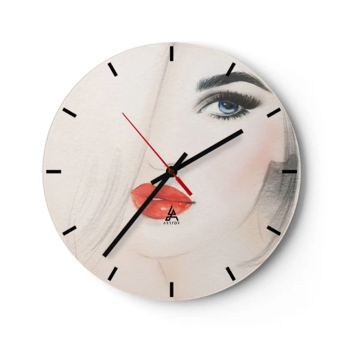 Relógio de parede - Relógio em vidro - Retrato artístico de uma mulher com lábios vermelhos e olhos azuis - 30x30cm - Hipnotiza e intoxica - Decoração de parede moderna para a sala de estar, cozinha e quarto ARTTOR