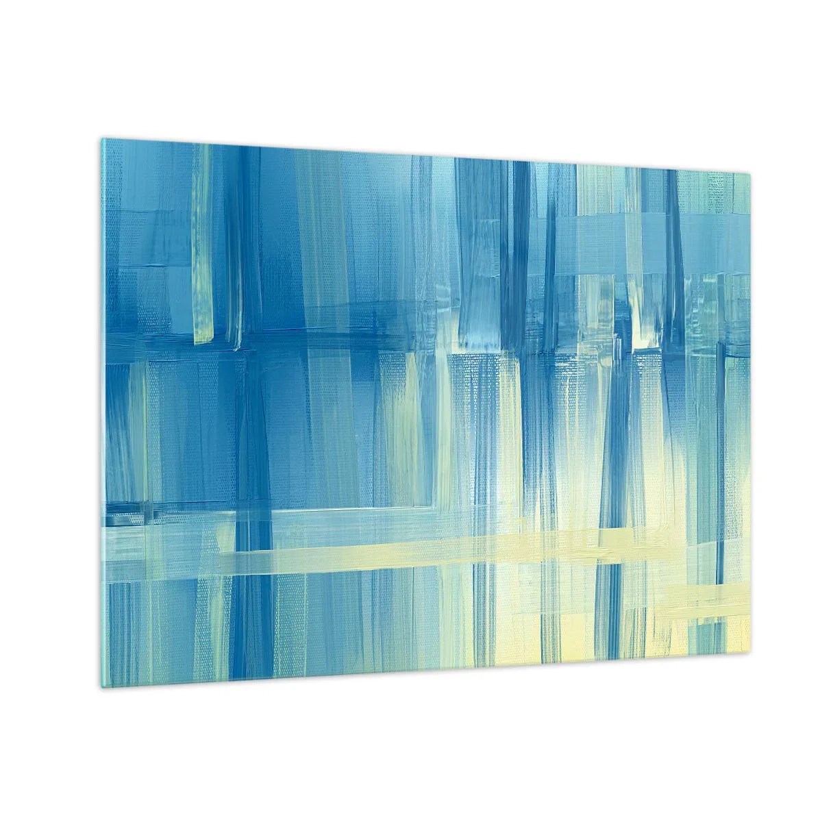 Quadro em vidro - Pinceladas abstratas em turquesa e amarelo - 70x50cm - Composição em turquesa - Decoração de parede moderna para a sala de estar e quarto ARTTOR
