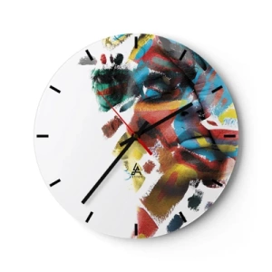 Relógio de parede - Relógio em vidro - Abstração colorida de um rosto com pinceladas intensas - 30x30cm - Personalidade colorida - Decoração de parede moderna para a sala de estar, cozinha e quarto ARTTOR