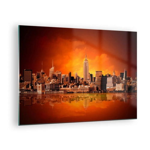 Quadro em vidro - Panorama da cidade ao pôr do sol - 70x50cm - Panorama metropolitano em amarelo e bronze - Decoração de parede moderna para a sala de estar e quarto ARTTOR