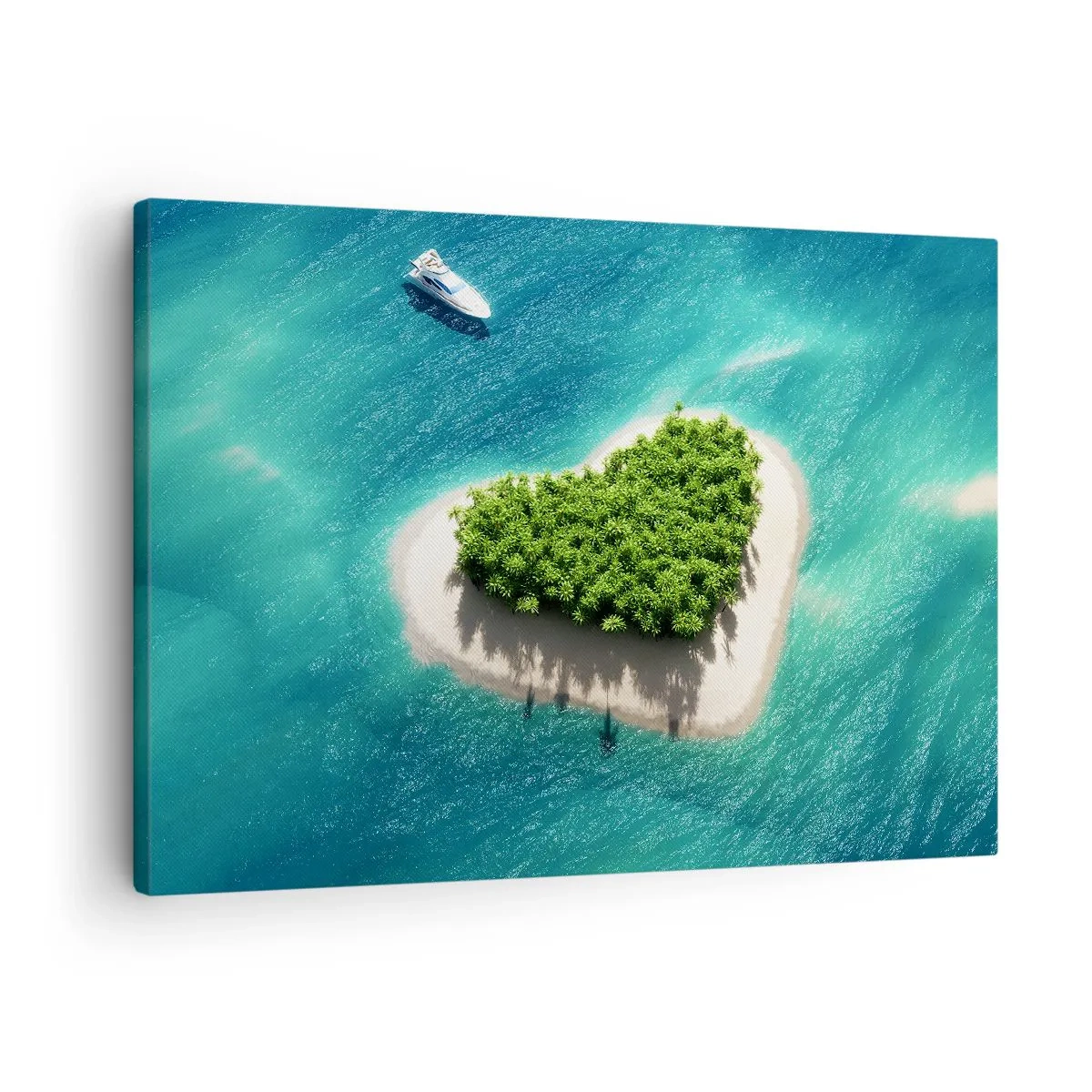 Quadro em tela - Uma ilha romântica em forma de coração em um mar turquesa - 70x50cm - Eu amo o verão - Decoração de parede moderna para a sala de estar e quarto ARTTOR