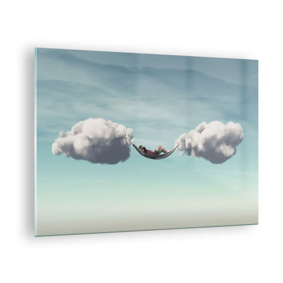 Quadro em vidro - Redes de nuvens em um céu azul - 70x50cm - A felicidade do momento - Decoração de parede moderna para a sala de estar e quarto ARTTOR