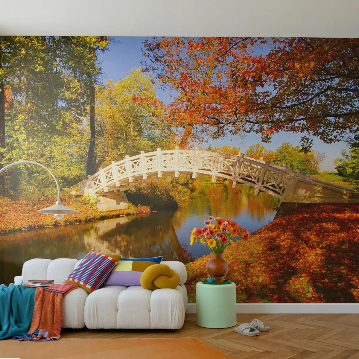 Papel de Parede Autocolante Deluxe Sticker - Na ponte branca dos suspiros - Paisagem, Parque, Ponte de madeira - 250x175 cm