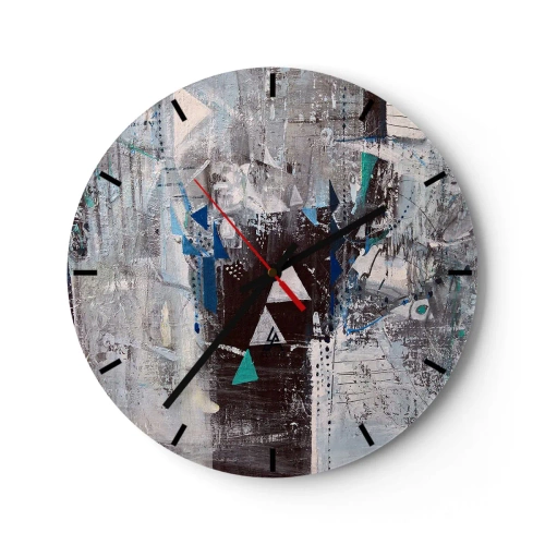 Relógio de parede - Relógio em vidro - Uma pintura abstrata em tons de cinza e azul - 30x30cm - A ordem superior dos triângulos - Decoração de parede moderna para a sala de estar, cozinha e quarto ARTTOR