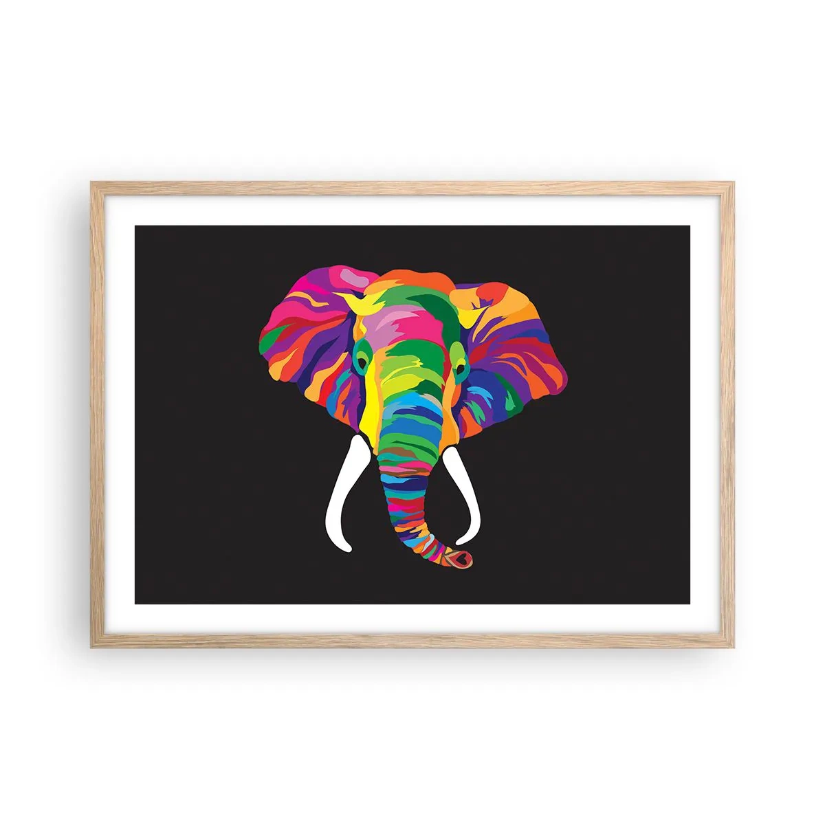 Pôster com moldura de carvalho claro - O elefante que adorava banhar-se no arco-íris - 70x50 cm