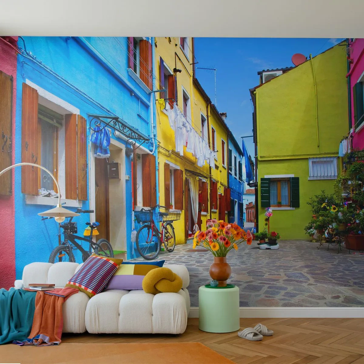 Papel de Parede Premium Sand - Beco doce e pastel - Cidade, Bicicletas, Beco - 100x70 cm