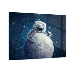 Quadro em vidro - Astronauta abraçando a lua contra um céu estrelado - 70x50cm - Coringa do espaço - Decoração de parede moderna para a sala de estar e quarto ARTTOR