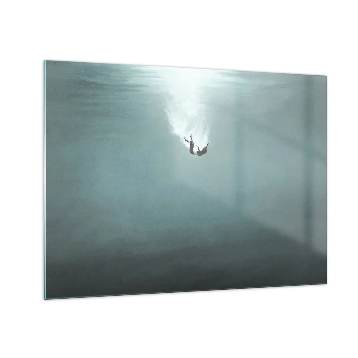 Quadro em vidro - A silhueta de um homem imerso nas profundezas azuis do oceano - 70x50cm - Nos braços do oceano - Decoração de parede moderna para a sala de estar e quarto ARTTOR