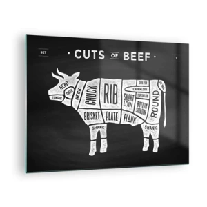Quadro em vidro - Diagrama de corte de carne bovina em um quadro negro - 70x50cm - Cartilha do talhante - Decoração de parede moderna para a sala de estar e quarto ARTTOR