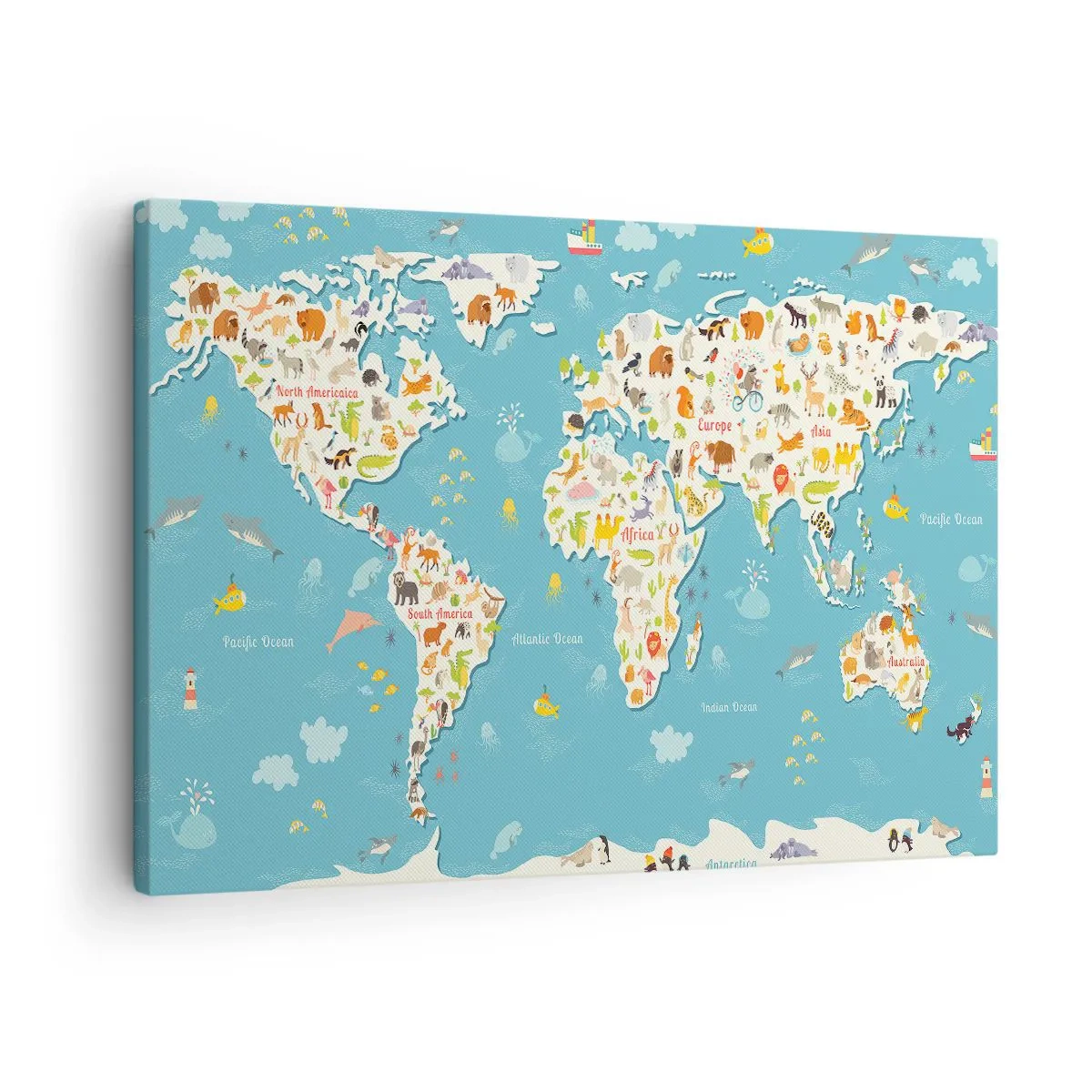 Quadro em tela - Mapa-múndi colorido com ilustrações de animais - 70x50cm - Nós amamos o mundo inteiro - Decoração de parede moderna para a sala de estar e quarto ARTTOR