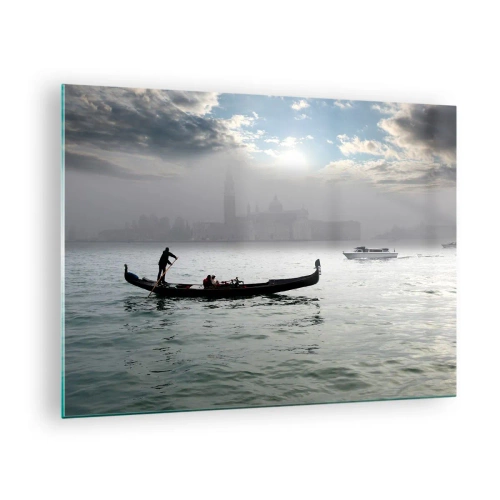 Quadro em vidro - Gôndola nas águas de Veneza em uma manhã de neblina - 70x50cm - Uma cidade fabulosa feita de água e nevoeiro - Decoração de parede moderna para a sala de estar e quarto ARTTOR