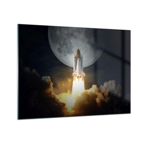 Quadro em vidro - O lançamento de um foguete espacial tendo como pano de fundo a lua e o céu noturno. - 70x50cm - O início de uma aventura sobrenatural - Decoração de parede moderna para a sala de estar e quarto ARTTOR