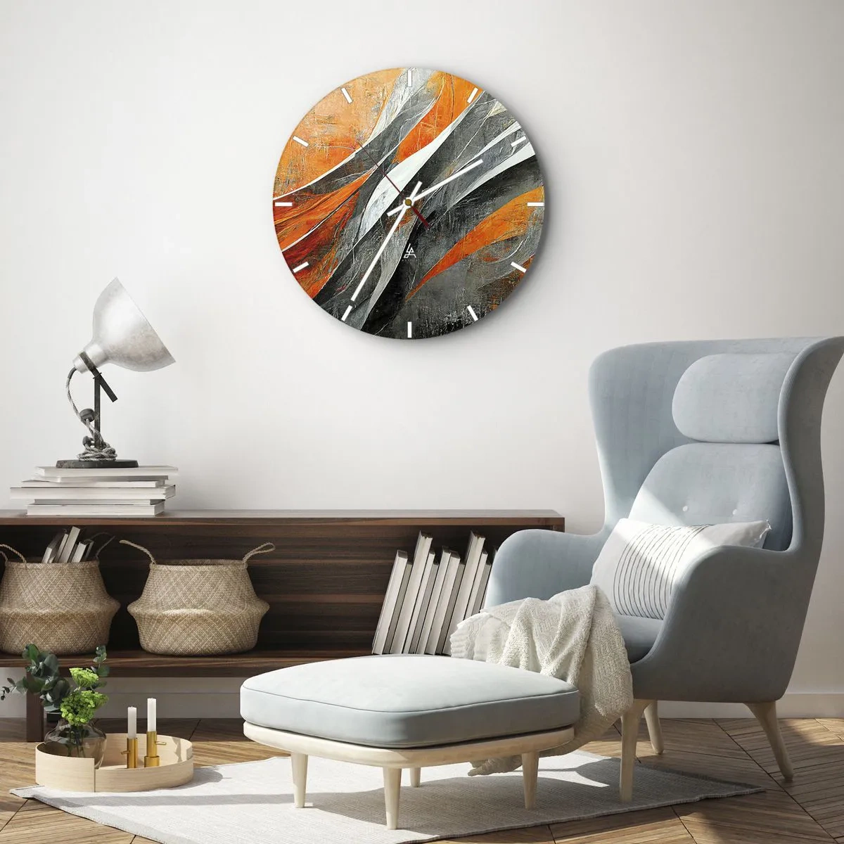 Relógio de parede - Relógio em vidro - Listras dinâmicas de laranja, preto e cinza - 30x30cm - Calor e frio - Decoração de parede moderna para a sala de estar, cozinha e quarto ARTTOR