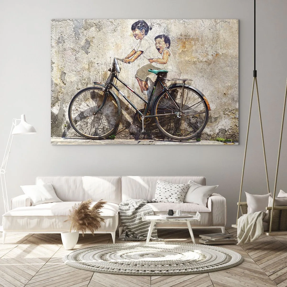 Quadro em vidro - Um mural com uma bicicleta e figuras de crianças contra um fundo de parede. - 70x50cm - Verdadeiro ou falso? - Decoração de parede moderna para a sala de estar e quarto ARTTOR