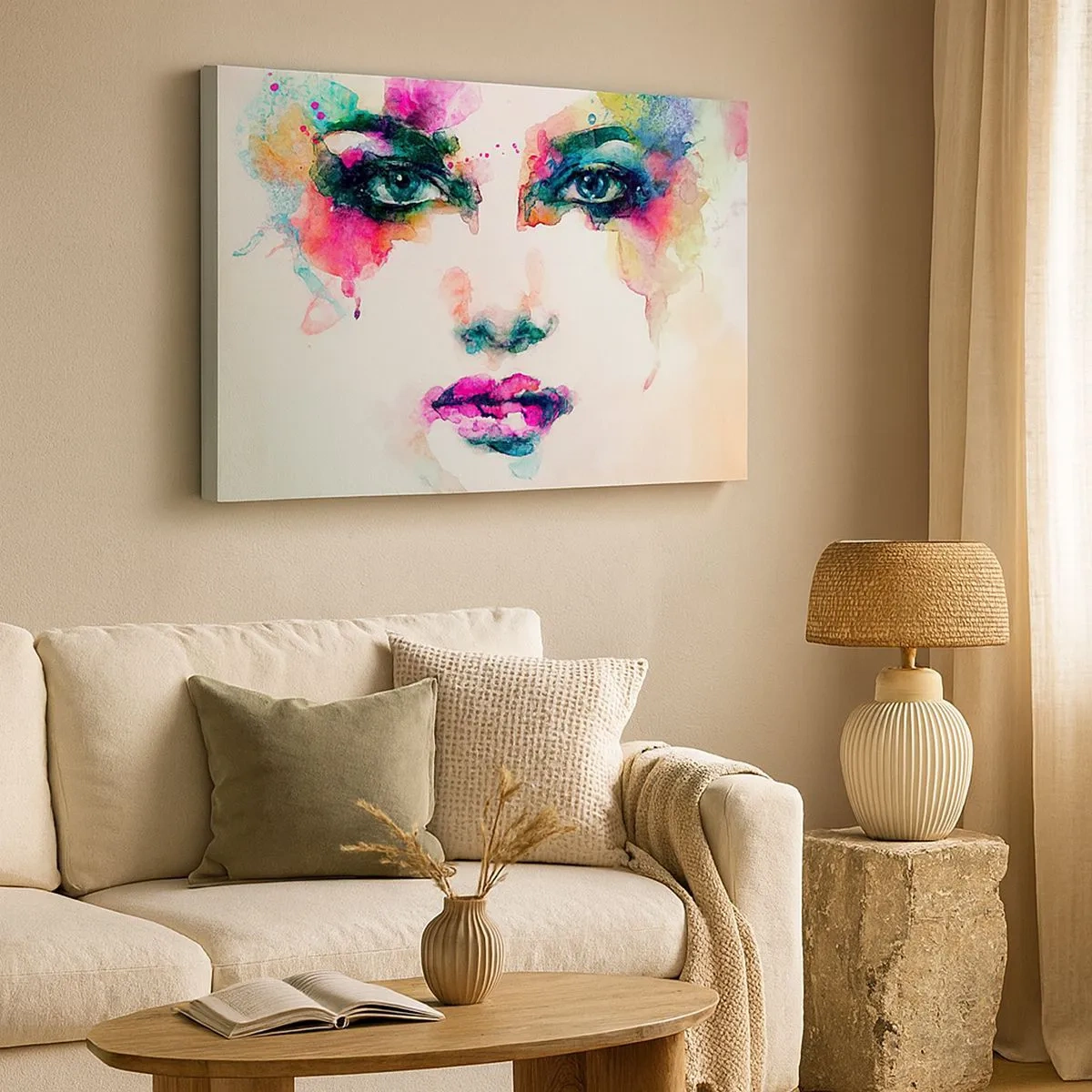 Quadro em tela - Retrato abstrato de uma mulher em cores intensas - 70x50cm - Retrato pintado com o arco-íris - Decoração de parede moderna para a sala de estar e quarto ARTTOR