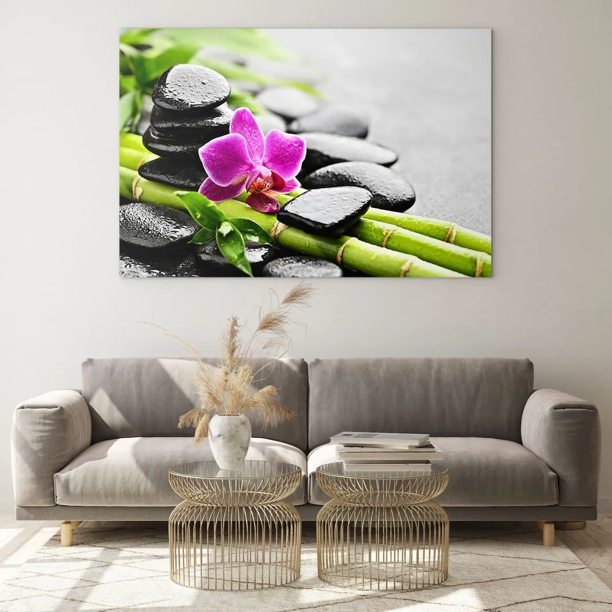 Quadro em vidro - Orquídea, pedras pretas e bambu em um arranjo tranquilo - 70x50cm - Calmo equilíbrio - Decoração de parede moderna para a sala de estar e quarto ARTTOR
