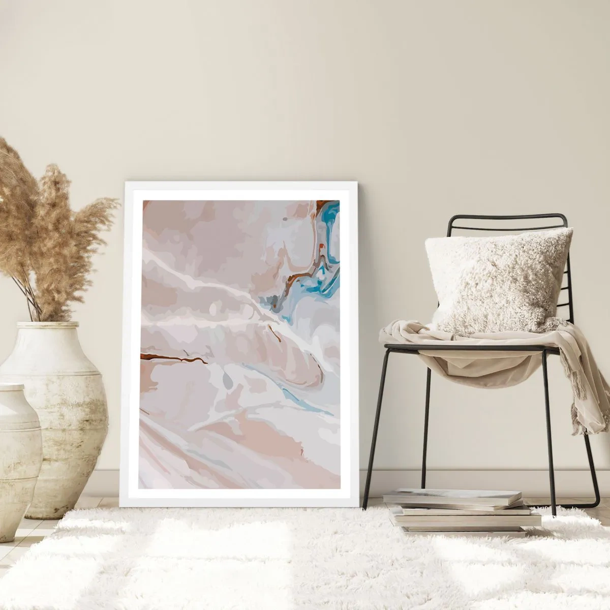 Pôster em moldura branca - Meandros azuis sob branco - 50x70 cm
