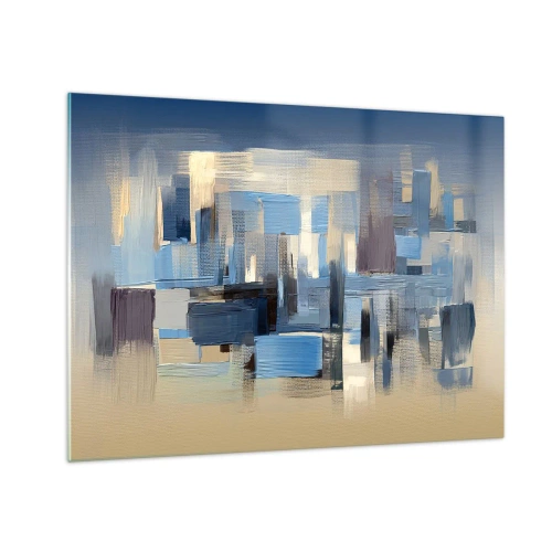 Quadro em vidro - Pinceladas geométricas em tons de azul e bege - 70x50cm - Construção azul - Decoração de parede moderna para a sala de estar e quarto ARTTOR