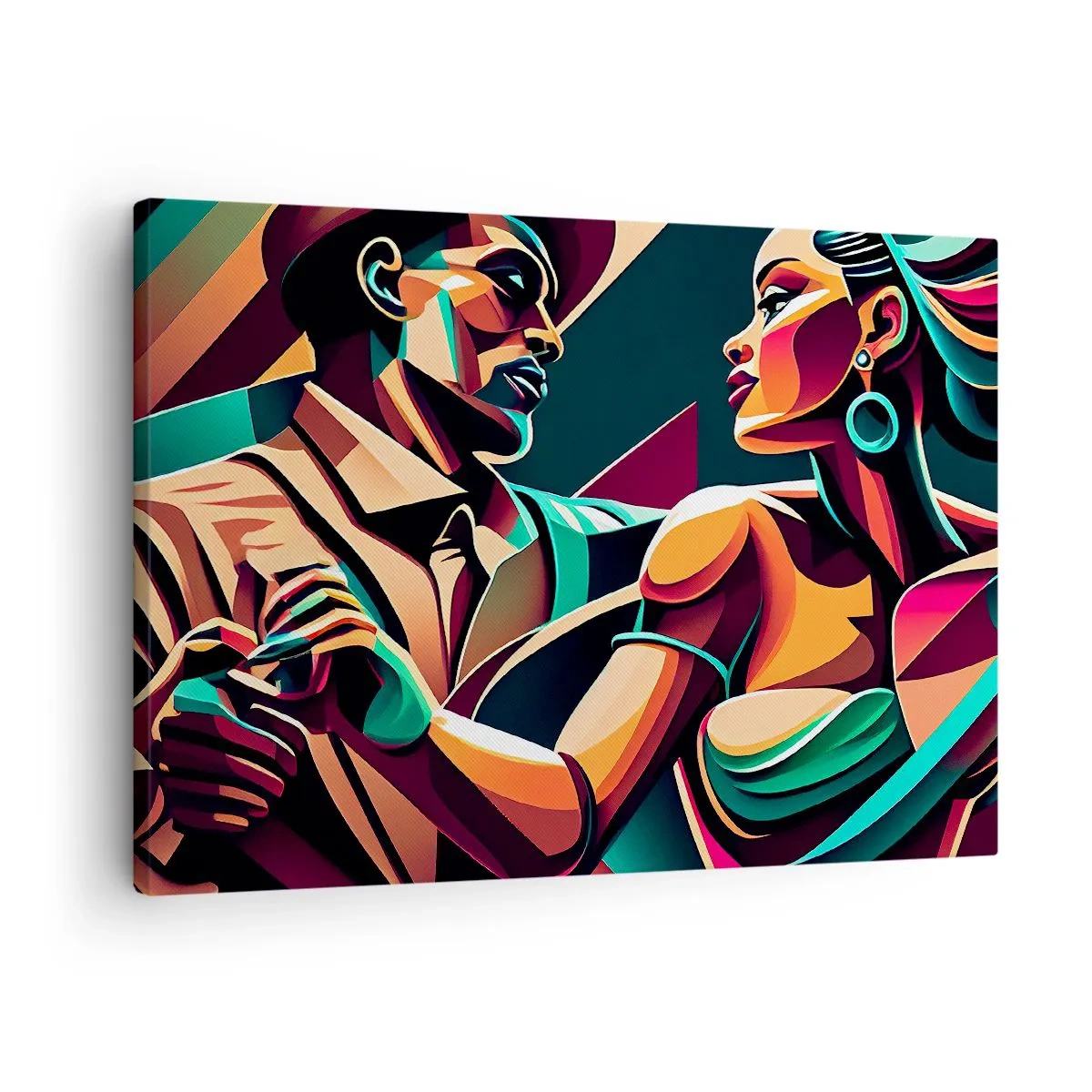 Quadro em tela - Um casal estilizado dançando em cores vibrantes e geométricas. - 70x50cm - No ritmo do coração - Decoração de parede moderna para a sala de estar e quarto ARTTOR