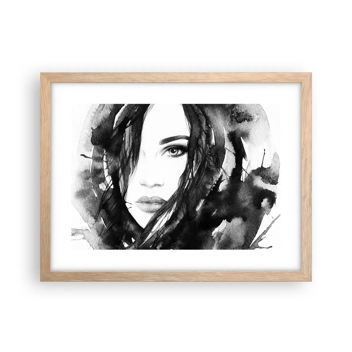 Pôster com moldura de carvalho claro - Retrato de uma dama a preto e branco - 40x30 cm