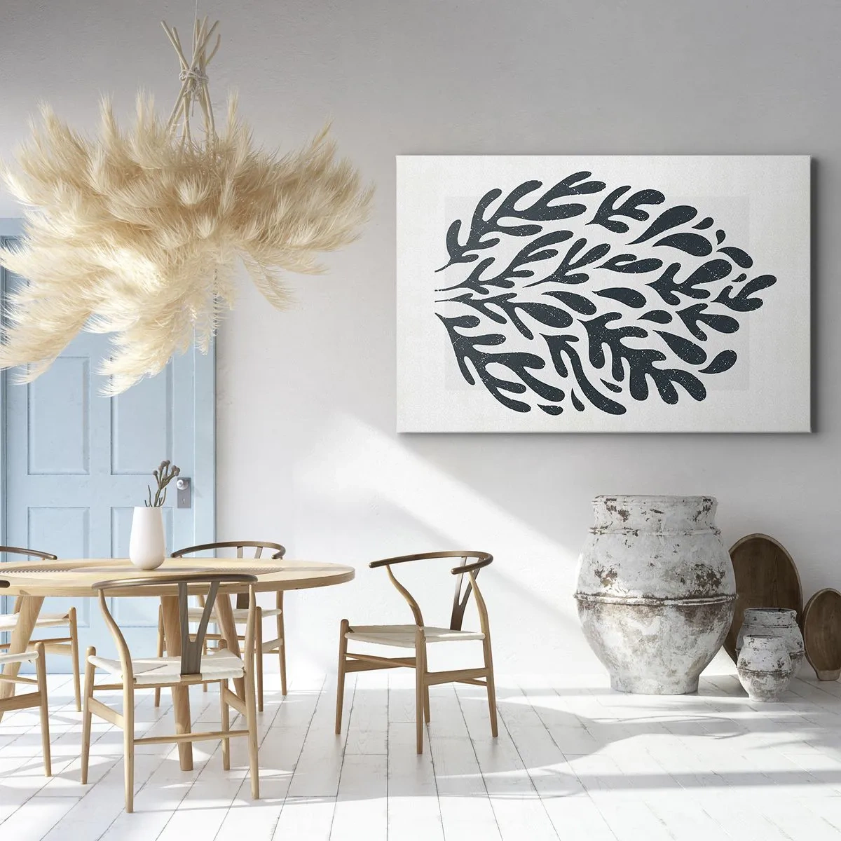 Quadro em tela - Motivo de folha abstrata escura em fundo claro - 70x50cm - Formas da natureza - Decoração de parede moderna para a sala de estar e quarto ARTTOR