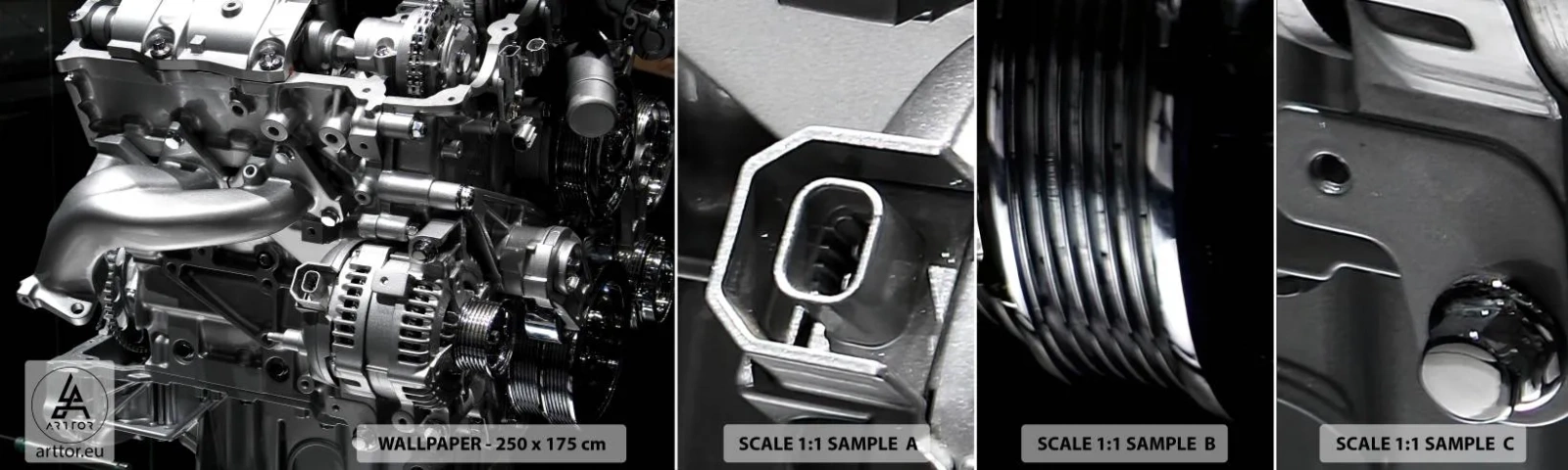 Amostra de papel de parede autocolante Deluxe Sticker - Aço, belo, forte - Automotivo, Motor de carro, 3D - 100x30 cm