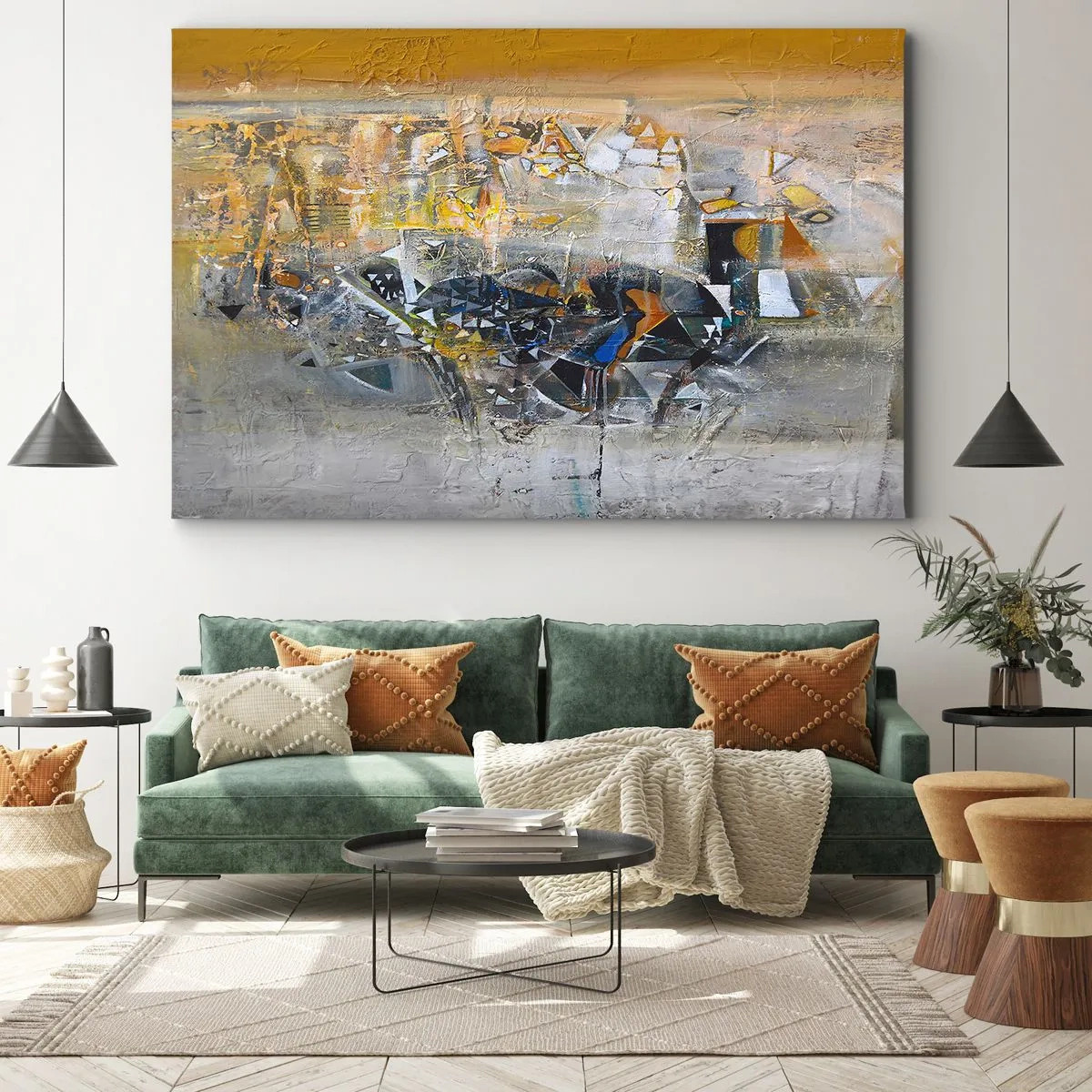 Quadro em tela - Abstração com tons dominantes de amarelo e cinza - 70x50cm - Tudo vai se encaixar - Decoração de parede moderna para a sala de estar e quarto ARTTOR