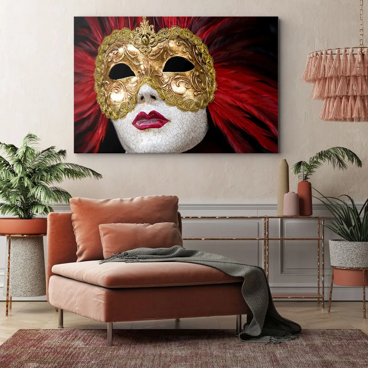 Quadro em tela - Máscara veneziana dourada com penas vermelhas - 70x50cm - A promessa da aventura de carnaval - Decoração de parede moderna para a sala de estar e quarto ARTTOR