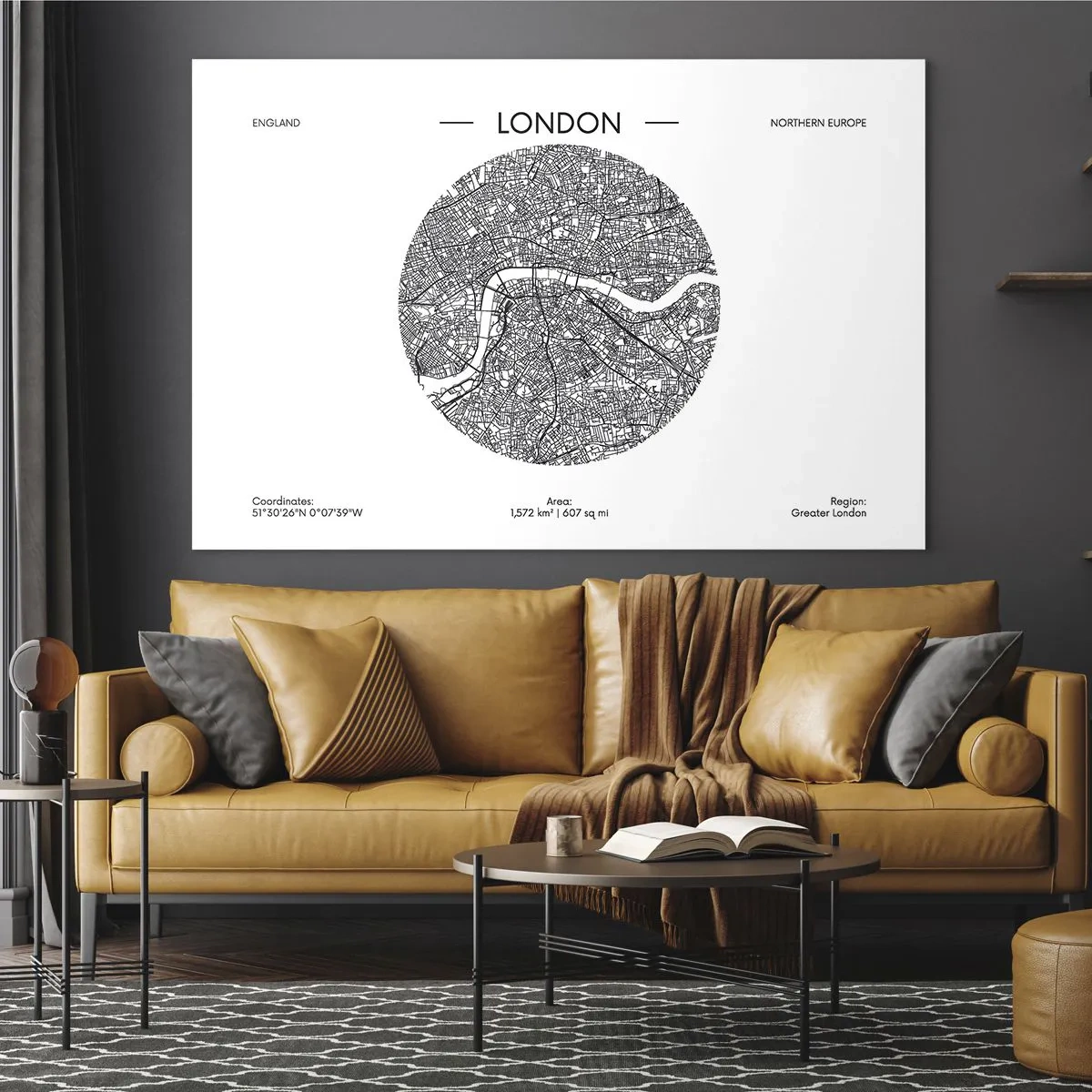 Quadro em vidro - Um mapa detalhado de Londres em estilo gráfico preto e branco. - 70x50cm - Anatomia de Londres - Decoração de parede moderna para a sala de estar e quarto ARTTOR