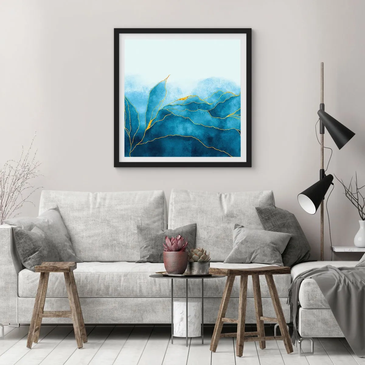 Pôster com moldura preta - Azul dourado - 50x50 cm