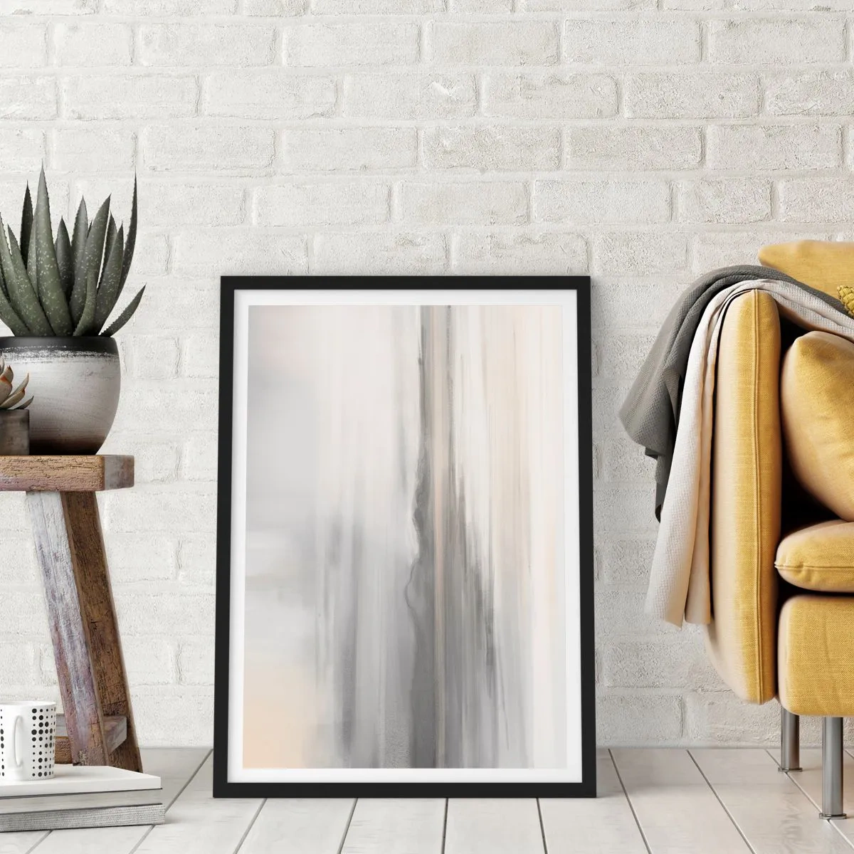 Pôster com moldura preta - Listras verticais sutis em tons de cinza e bege - 50x70cm - Distância pensativa - Decoração de parede moderna para a sala de estar e quarto ARTTOR