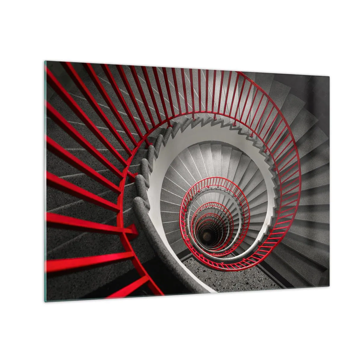 Quadro em vidro - Escada em espiral com corrimãos vermelhos em perspectiva - 70x50cm - Diversão de arquitetura - Decoração de parede moderna para a sala de estar e quarto ARTTOR