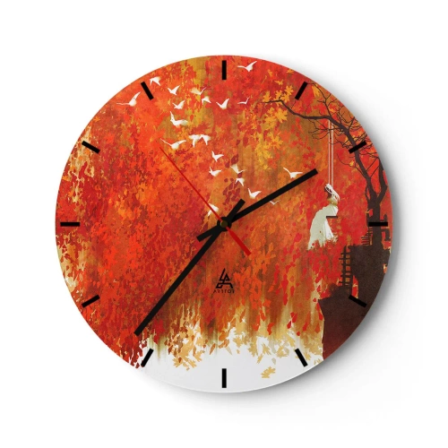 Relógio de parede - Relógio em vidro - Cena de outono com um balanço cercado por folhas douradas e pássaros - 30x30cm - Será que vai voar com eles? - Decoração de parede moderna para a sala de estar, cozinha e quarto ARTTOR