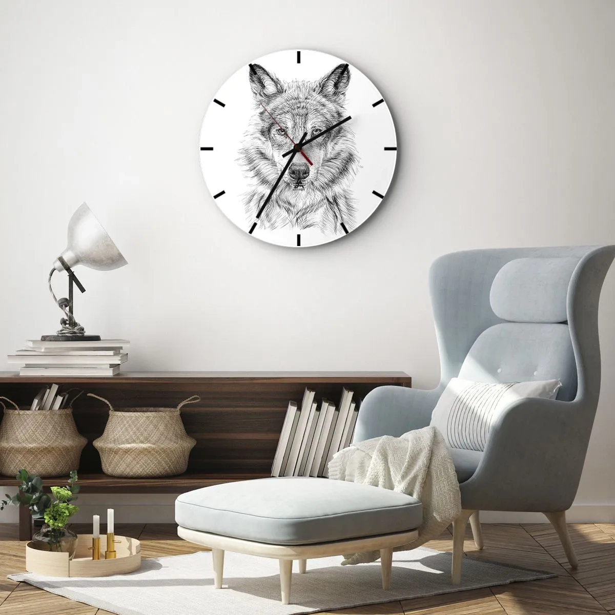 Relógio de parede - Relógio em vidro - Esboço em preto e branco de uma cabeça de lobo em um fundo branco - 30x30cm - Um líder nato - Decoração de parede moderna para a sala de estar, cozinha e quarto ARTTOR