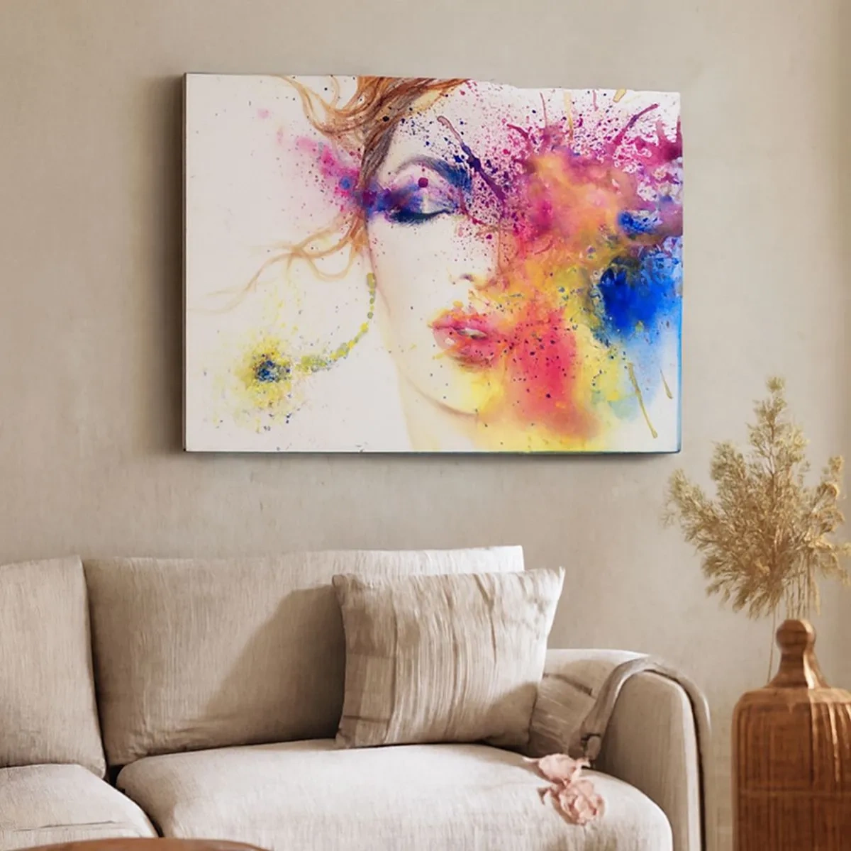 Quadro em tela - Um retrato artístico de uma mulher em cores expressivas de aquarela. - 70x50cm - Vertigem arco-íris - Decoração de parede moderna para a sala de estar e quarto ARTTOR