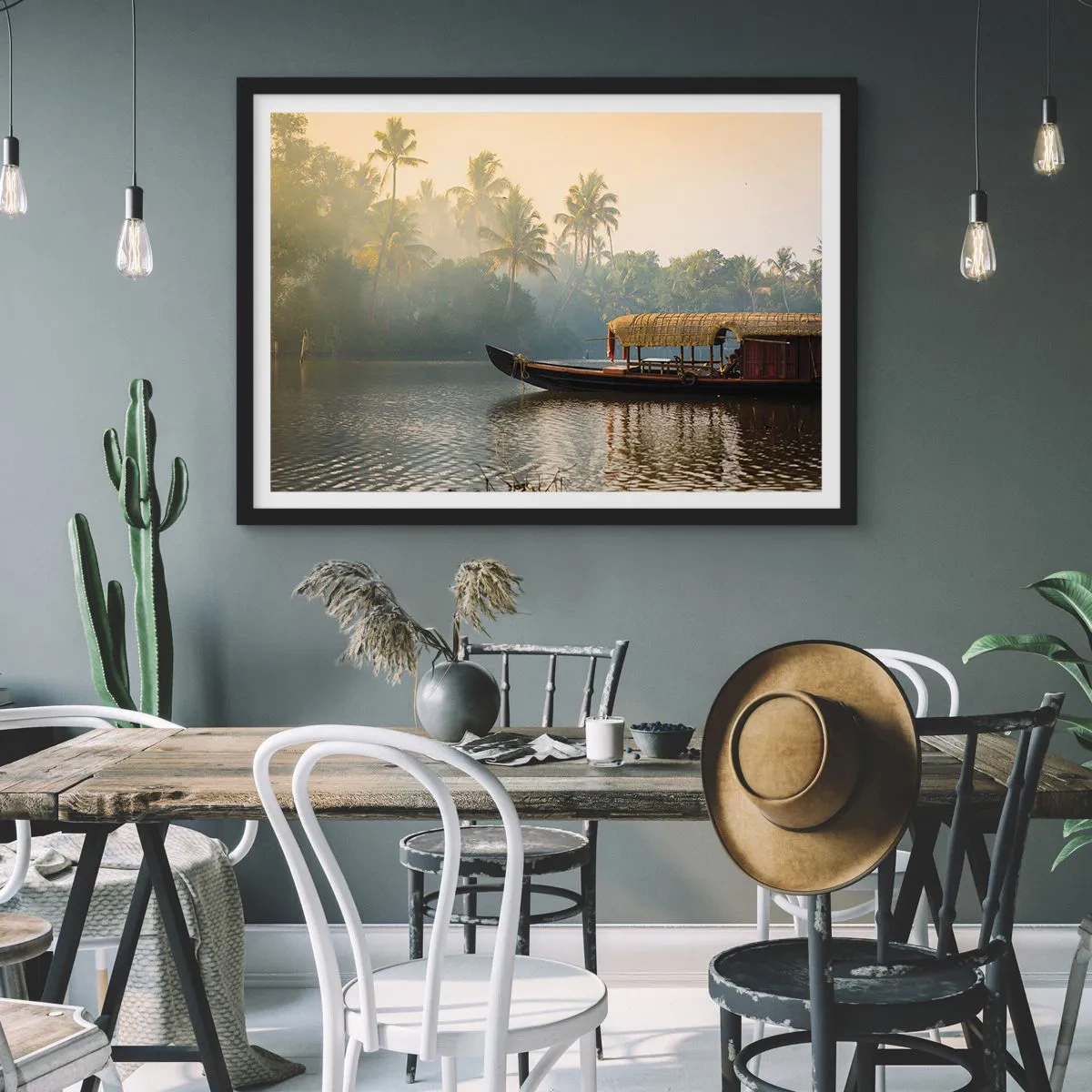 Pôster com moldura preta - Casa no rio - 70x50 cm