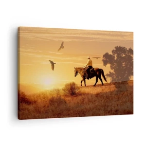 Quadro em tela - Um cavaleiro a cavalo ao pôr do sol contra a pradaria - 70x50cm - Sozinho em toda a pradaria - Decoração de parede moderna para a sala de estar e quarto ARTTOR