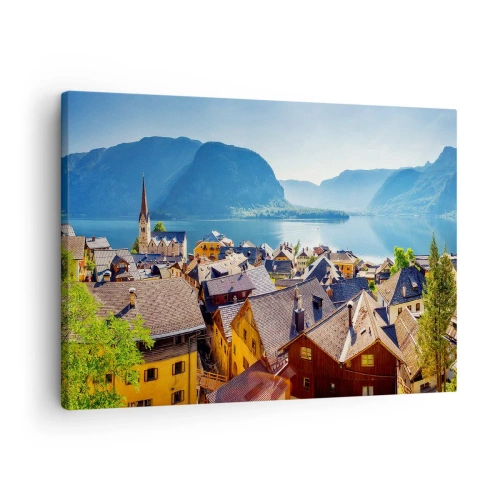 Quadro em tela - Uma vila pitoresca em um lago cercado por montanhas em um dia ensolarado - 70x50cm - Não poderia ser mais pitoresco - Decoração de parede moderna para a sala de estar e quarto ARTTOR