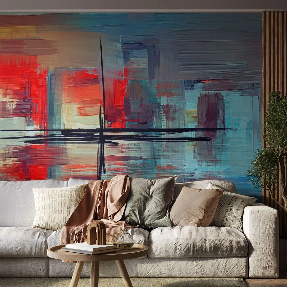 Papel de Parede Standard Eco - Abstração colorida com formas geométricas e linhas em estilo moderno - 100x70cm - Uma paisagem numa dimensão desconhecida - Decoração de parede moderna para a sala de estar e quarto ARTTOR