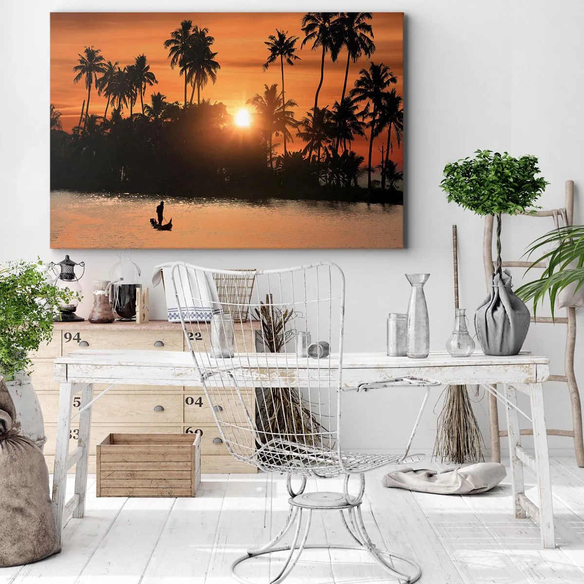 Quadro em tela - Pôr do sol sobre palmeiras e um lago calmo com um barco - 70x50cm - Hora do descanso - Decoração de parede moderna para a sala de estar e quarto ARTTOR