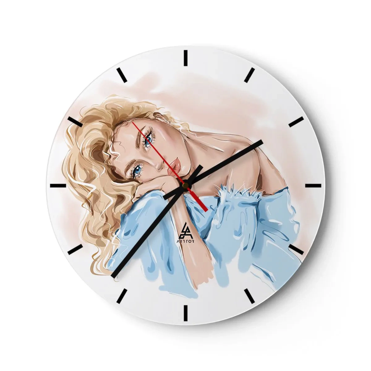 Relógio de parede - Relógio em vidro - Ilustração de uma mulher com cachos loiros em uma roupa azul sobre um fundo branco - 30x30cm - Sonhadora em azul - Decoração de parede moderna para a sala de estar, cozinha e quarto ARTTOR
