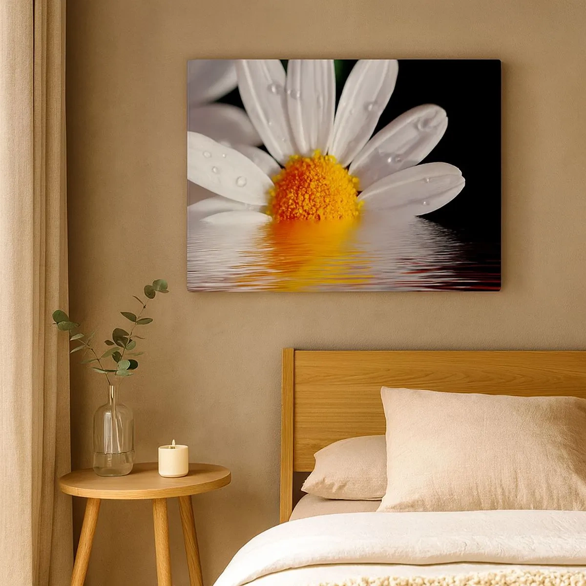 Quadro em tela - Uma margarida branca com gotas de água imersas em um reflexo de água - 70x50cm - As margaridas do sol nascente - Decoração de parede moderna para a sala de estar e quarto ARTTOR