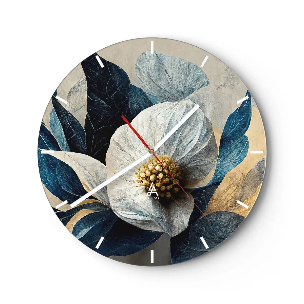 Relógio de parede - Relógio em vidro - Um arranjo floral branco com folhas azul-marinho e um centro dourado - 30x30cm - Tem um coração de ouro - Decoração de parede moderna para a sala de estar, cozinha e quarto ARTTOR