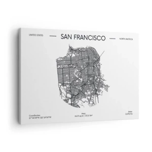 Quadro em tela - Um mapa de São Francisco em estilo minimalista em preto e branco. - 70x50cm - Anatomia de São Francisco - Decoração de parede moderna para a sala de estar e quarto ARTTOR