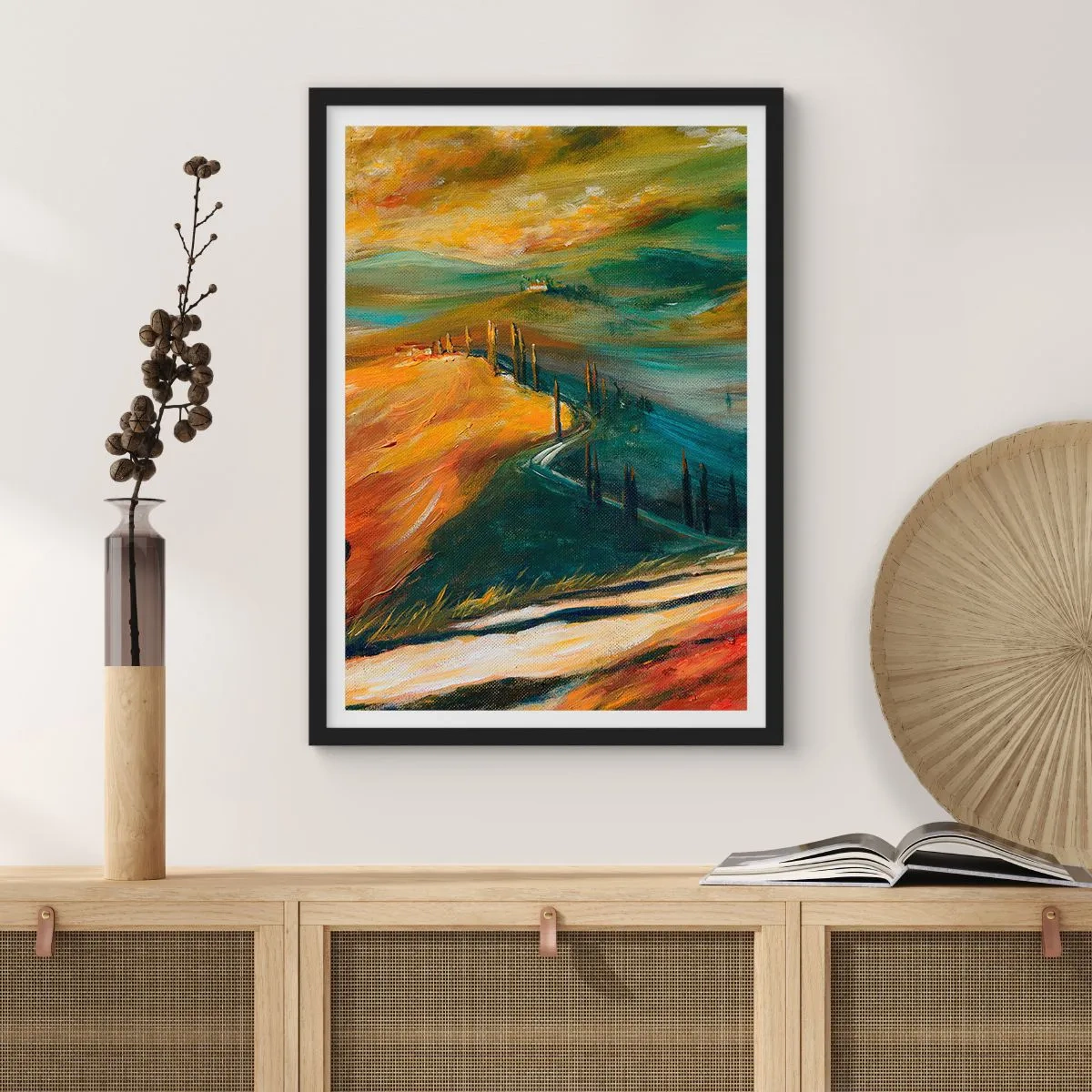 Pôster com moldura preta - Uma paisagem de cores intensas, uma estrada entre as colinas - 50x70cm - Paisagem da Toscana - Decoração de parede moderna para a sala de estar e quarto ARTTOR