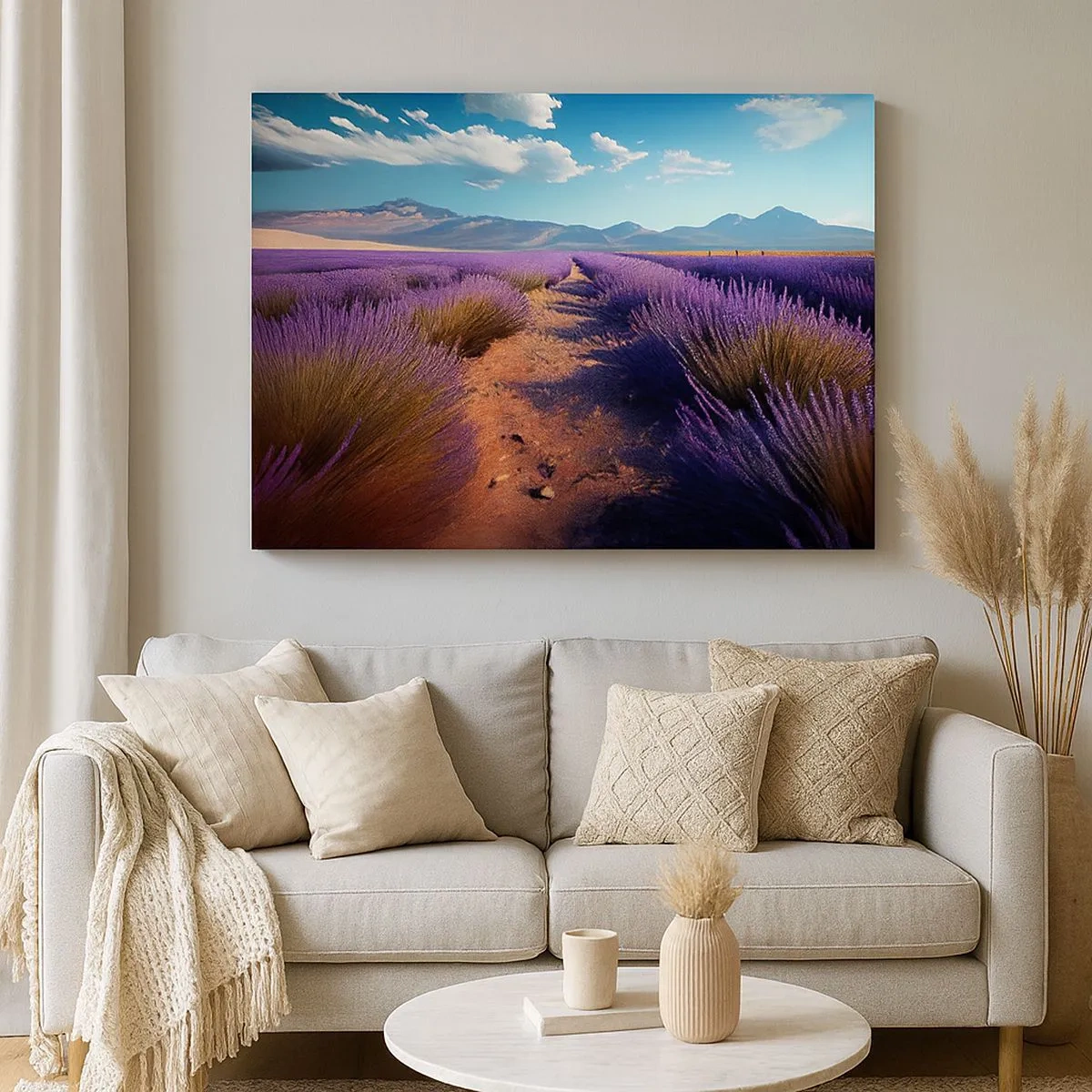 Quadro em tela - Um campo de lavanda com vista para as montanhas e o céu azul - 70x50cm - Campos perfumados - Decoração de parede moderna para a sala de estar e quarto ARTTOR