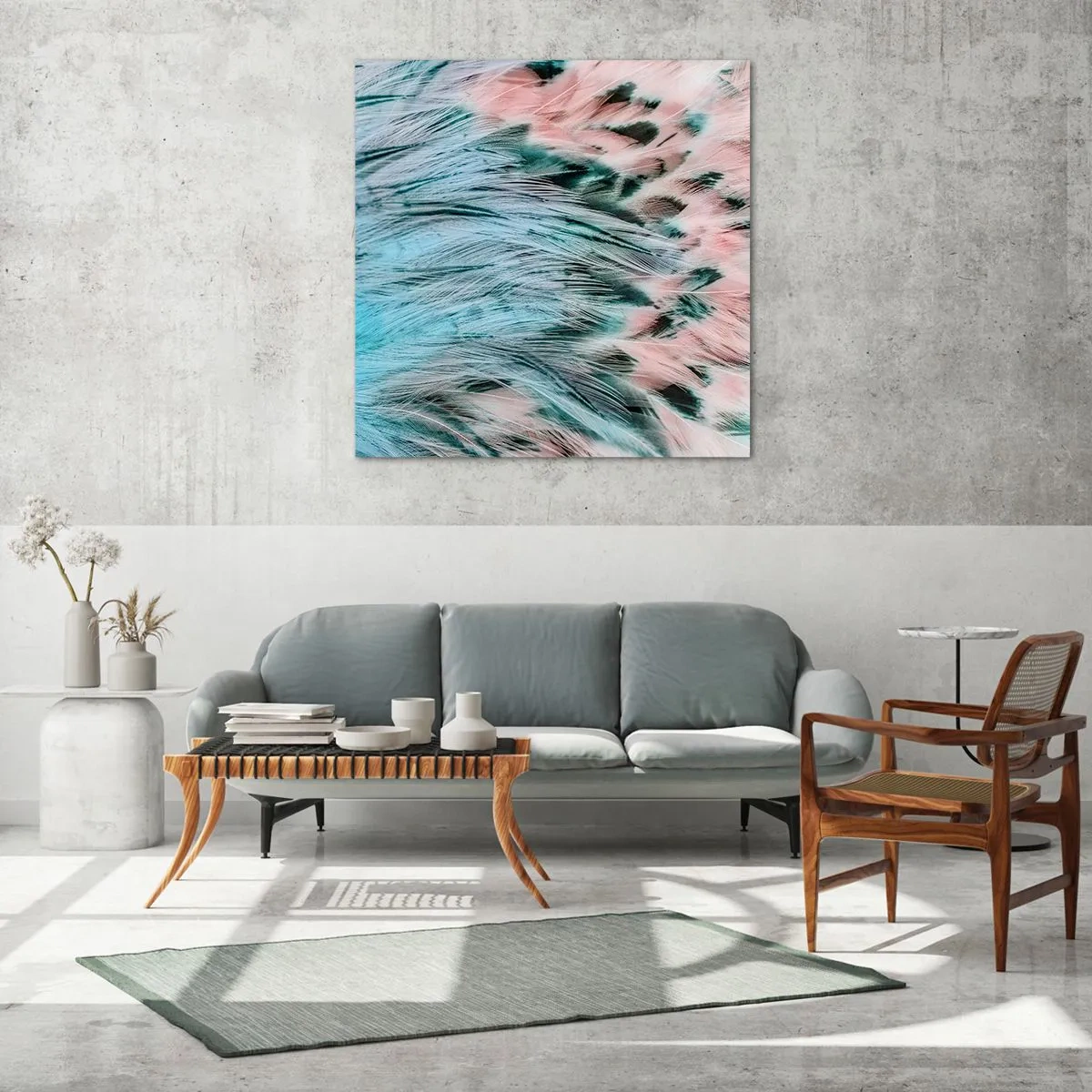 Quadro em vidro - Penugem safira-rosa - 70x70 cm