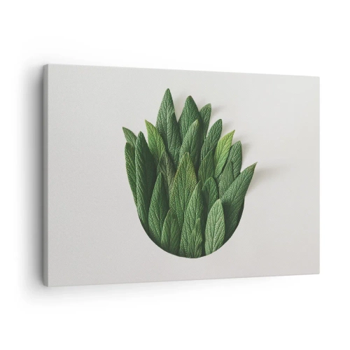 Quadro em tela - Uma composição de folhas verdes sobre um fundo claro - 70x50cm - Curiosidade indomável - Decoração de parede moderna para a sala de estar e quarto ARTTOR