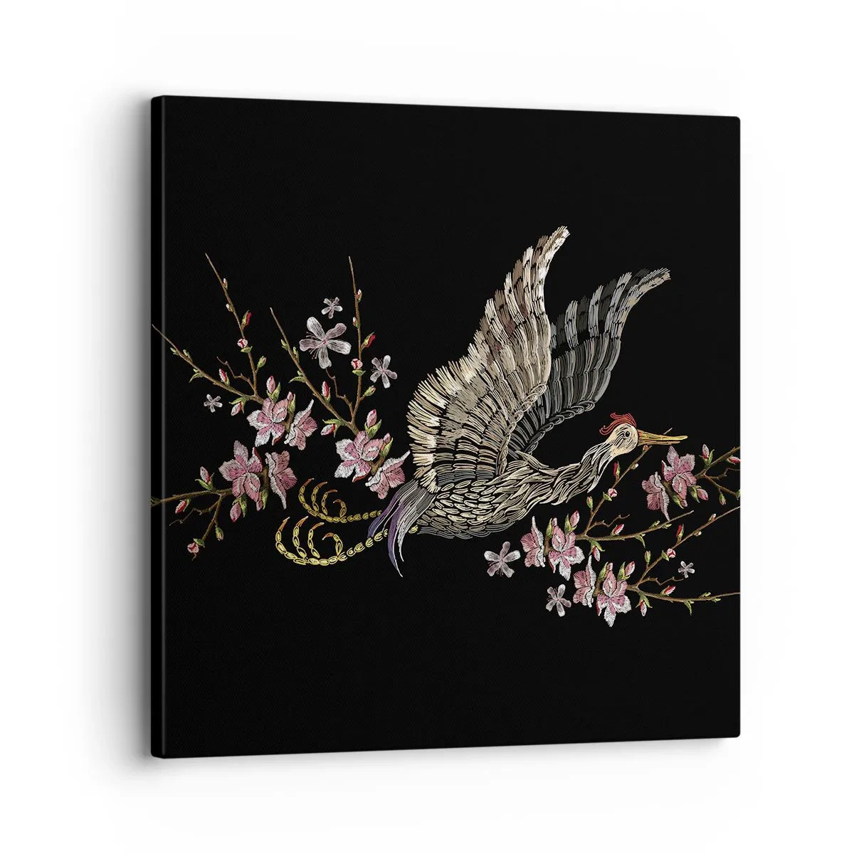 Quadro em tela - Pássaro exótico e bordado - 30x30 cm