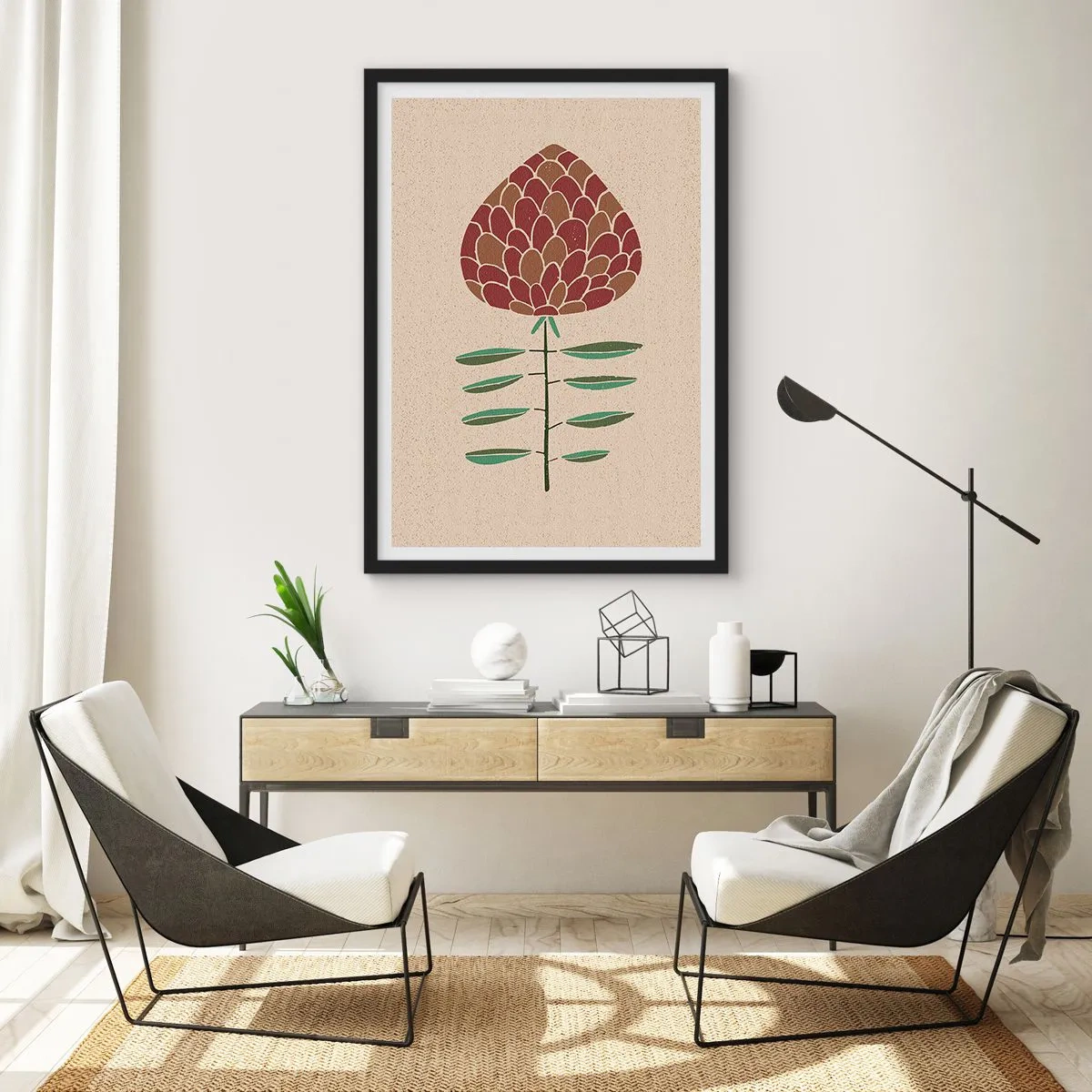 Pôster com moldura preta - Flor abstrata em cores quentes sobre fundo bege - 50x70cm - Que grande coisa - Decoração de parede moderna para a sala de estar e quarto ARTTOR